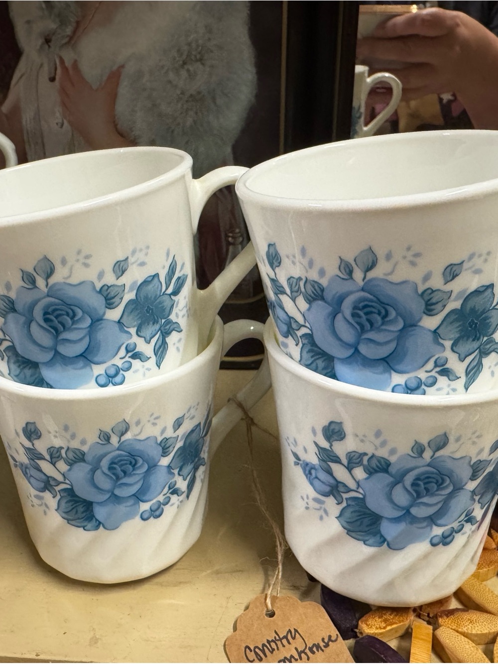 Corningware White Mugs with Blue Rose Pattern - Set of 4